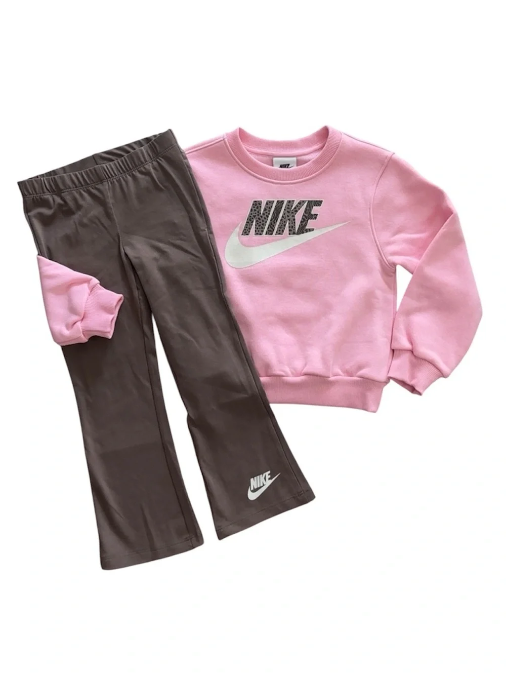 Nike Girls Size 4 Pink Sweatshirt Brown Flare Leggings Set Animal Print Logo NWT